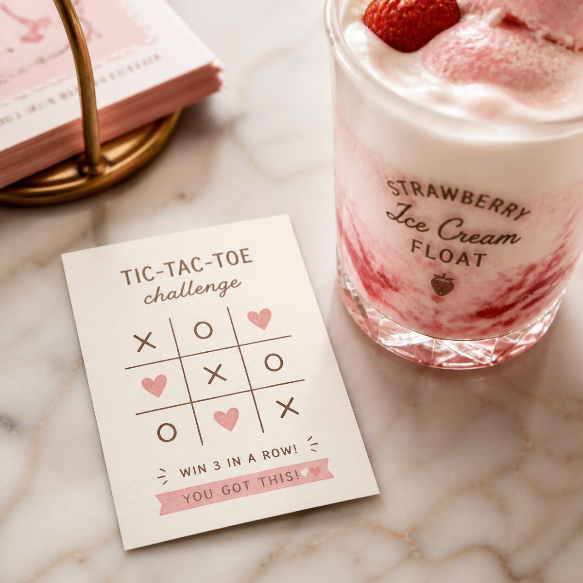 A Tic Tac Float challenge card resting beside a strawberry float