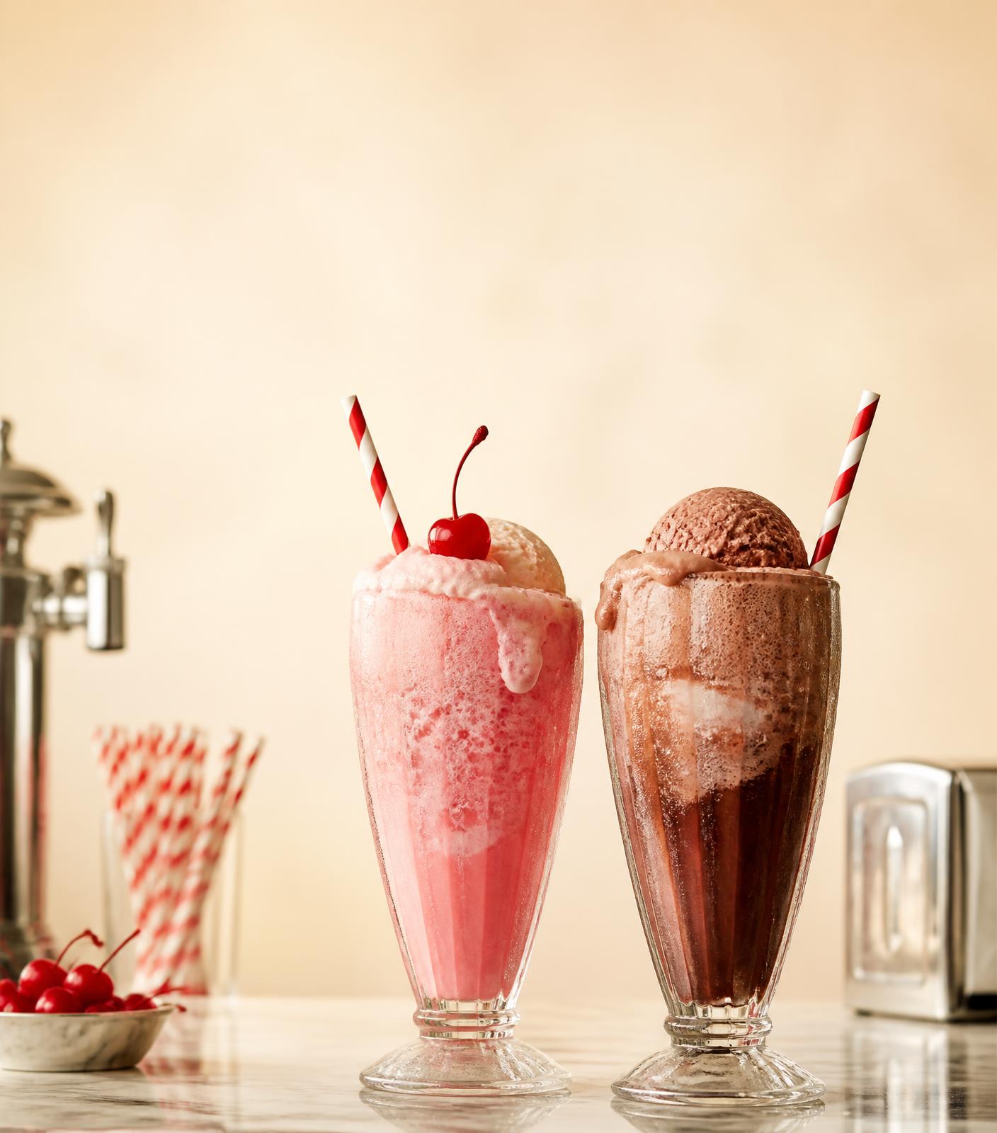 A strawberry float and a chocolate float on a marble soda-fountain counter